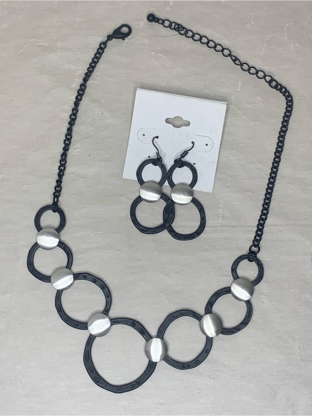 Black Link Necklace and Earrings Set with Silver Accents